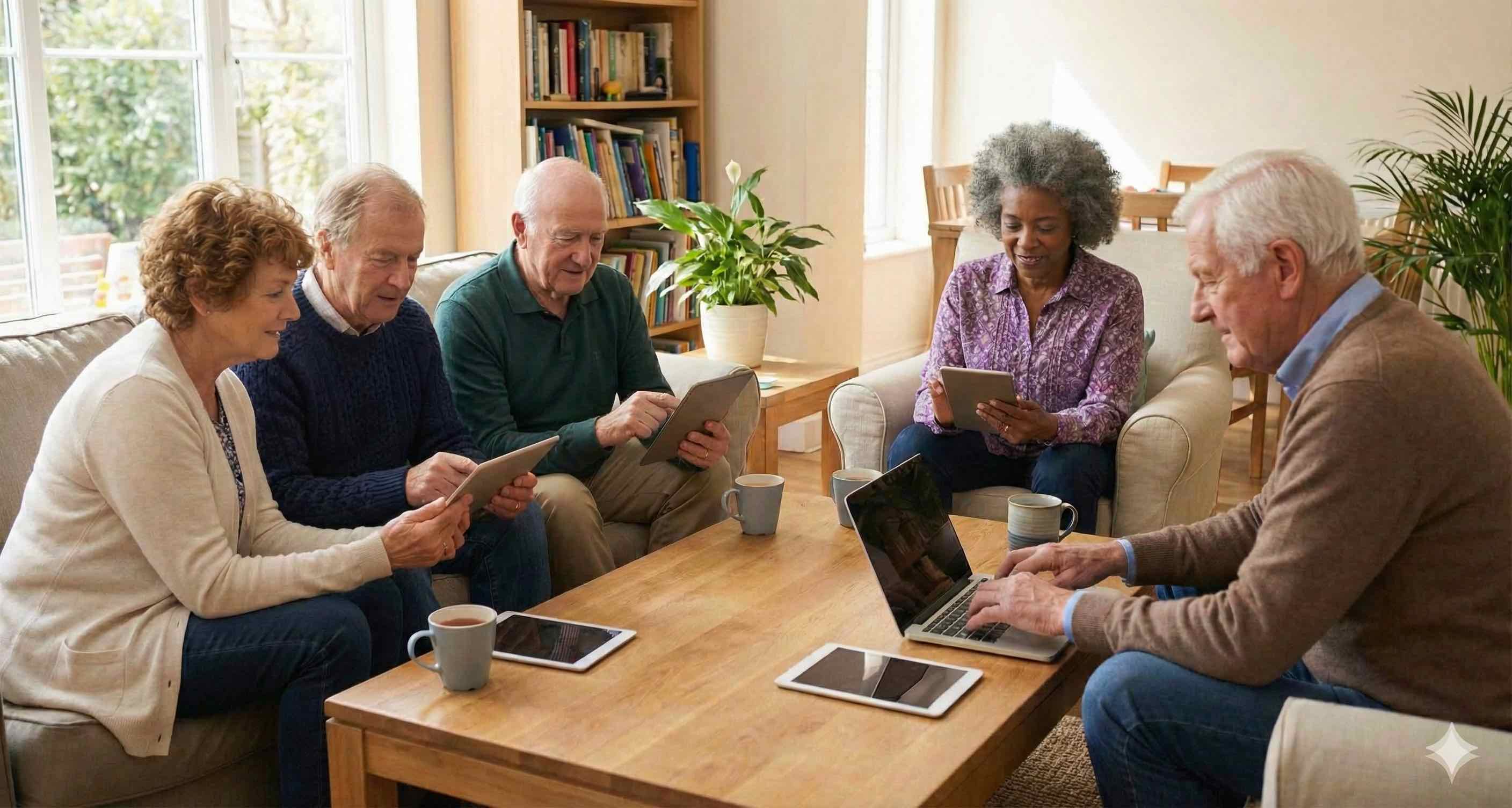 A diverse group of mature adults collaborating with laptops and tablets